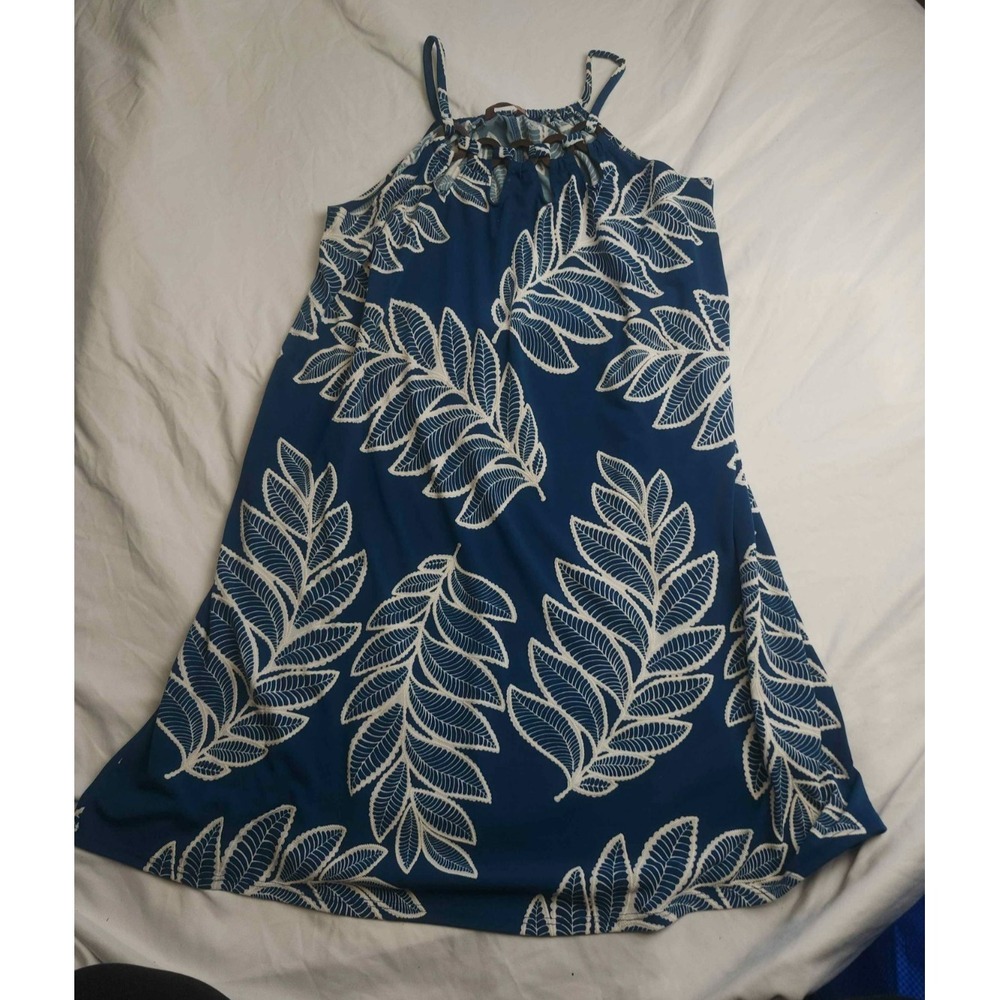 SJS Mini Dress Medium Blue White Tropical Leaf Halter Wood Ring Boho Festival